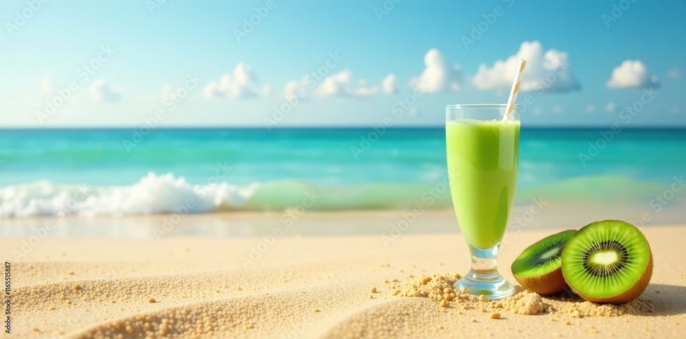 Obraz premium Refreshing Green Smoothie on Sandy Beach with Ocean View