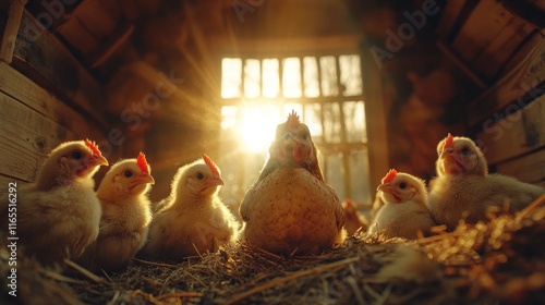 Hen and chicks in a rustic coop, bathed in sunlight. photo