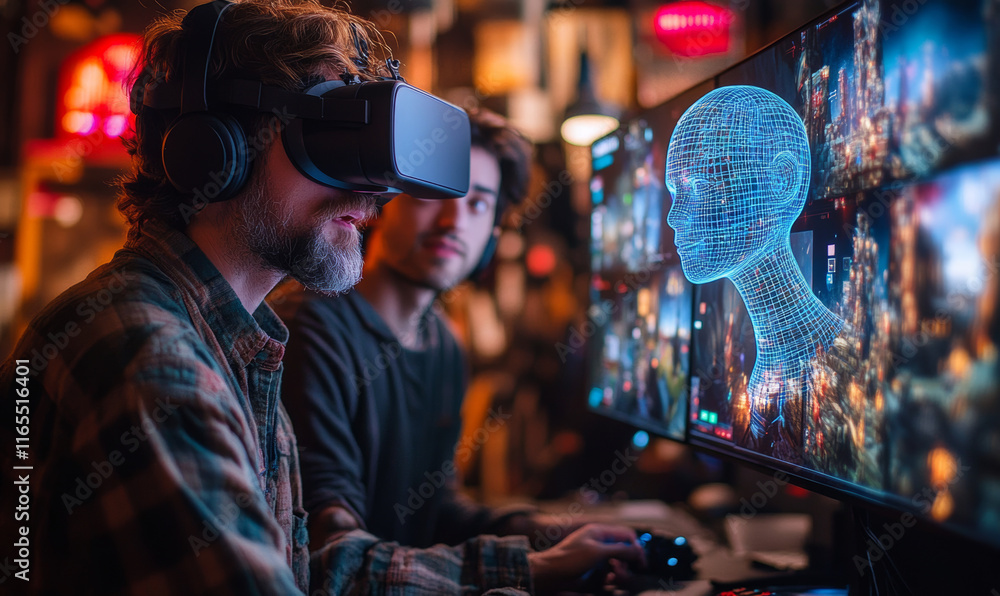A game developer and an AI creative partner designing a complex video game world, with immersive 3D environment prototypes mater A game developer and an AI creative partner designing a complex video game world, with immersive 3D environment prototypes mater