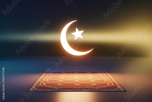 Wallpaper Mural Glowing Crescent Moon and Star Over Ornate Desert Rug at Night, Abstract Ramadan Mubarak background Torontodigital.ca