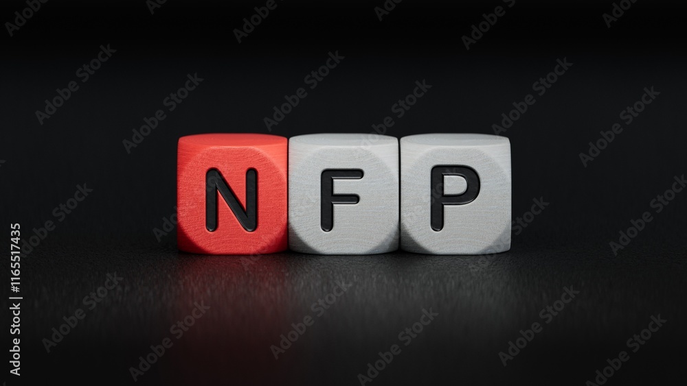 Word NFP. Wooden small cubes with letters with copy space available.close up of wooden elements,Business Concept.3D rendering on black background. Word NFP. Wooden small cubes with letters with copy space available.close up of wooden elements,Business Concept.3D rendering on black background.