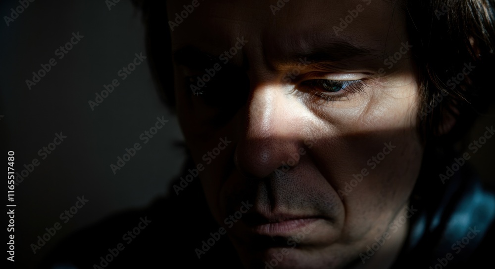 Introspective mood of a caucasian male adult in dramatic low light shadow Introspective mood of a caucasian male adult in dramatic low light shadow