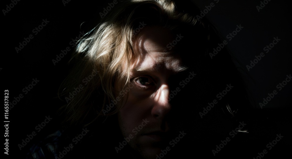 Mysterious caucasian male in shadowy lighting with intense expression Mysterious caucasian male in shadowy lighting with intense expression
