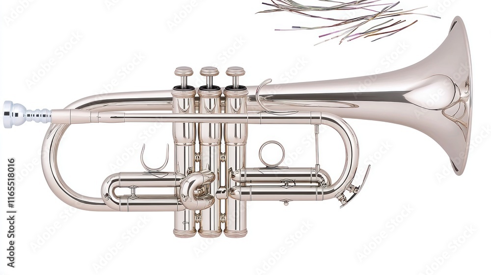 A silver trumpet showcasing its design and musical purpose. A silver trumpet showcasing its design and musical purpose.