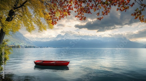 A serene view of lake geneva with a solitary red boat floating peacefully the majestic alps rise in the background under a cloudy sky, framed by vibrant foliage.
