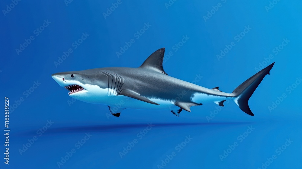 Obraz premium A realistic 3D rendering of a shark swimming in blue water.
