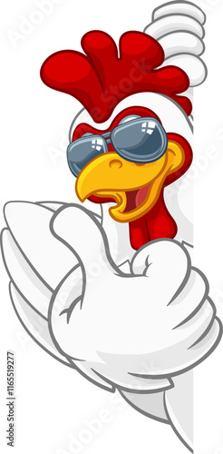 A chicken rooster cockerel bird cartoon character in cool shades or sunglasses peeking around a sign and giving a thumbs up