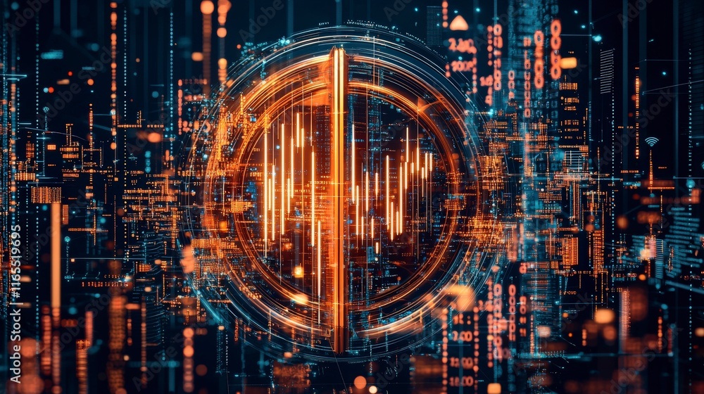 Fototapeta premium Abstract digital artwork featuring vibrant orange and blue soundwave patterns within a circular design, representing technology and innovation.