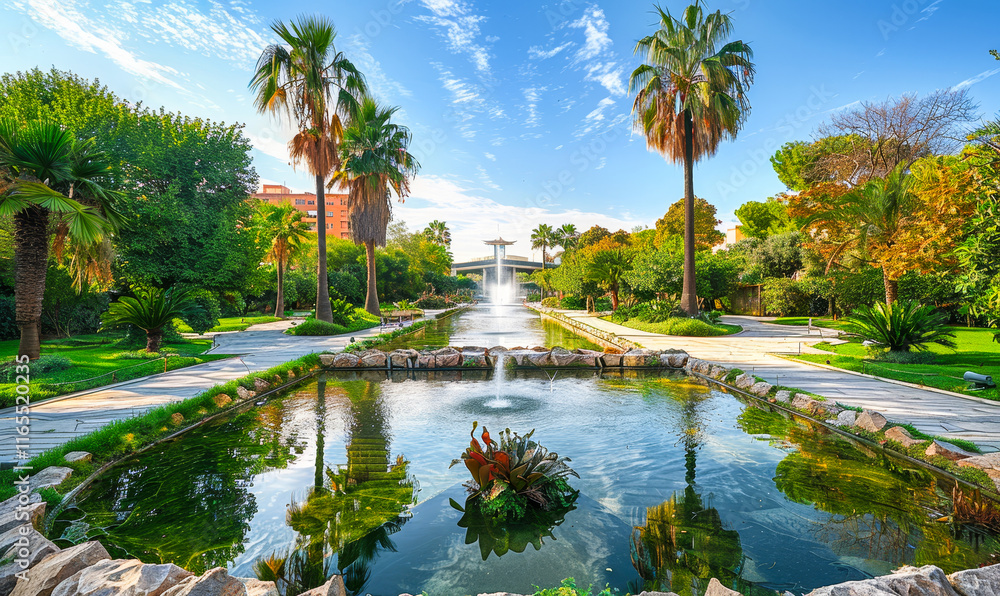 Obraz premium Beautiful Midday in Turia Gardens Valencia Spain with Lush Greenery, Palm Trees, Reflective Pond and Clear Blue Sky - Serene Urban Oasis and Nature Escape