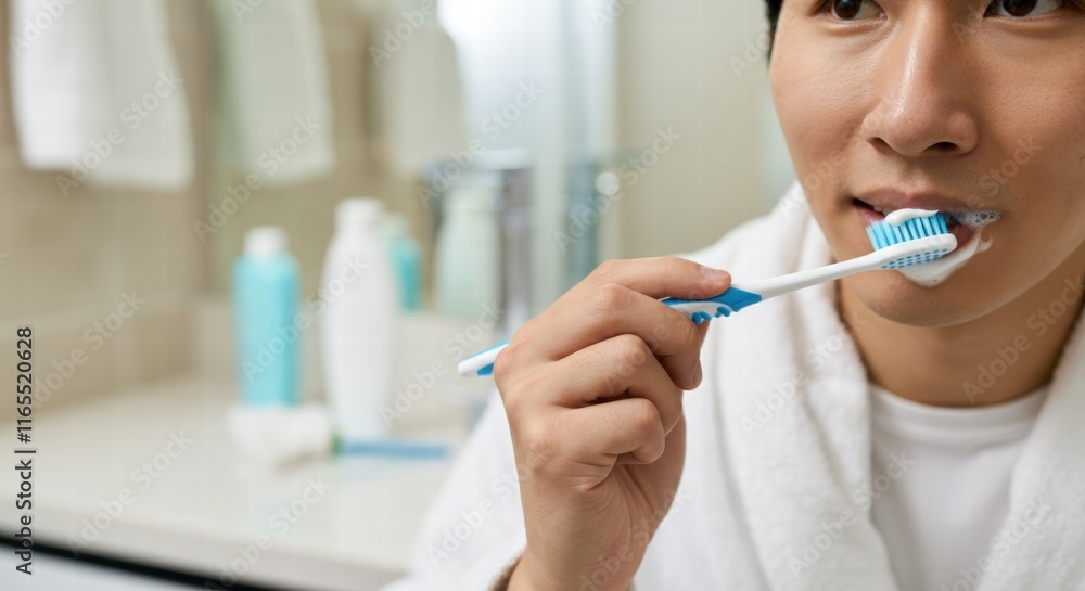 Asian young adult male brushing teeth in bathroom Asian young adult male brushing teeth in bathroom