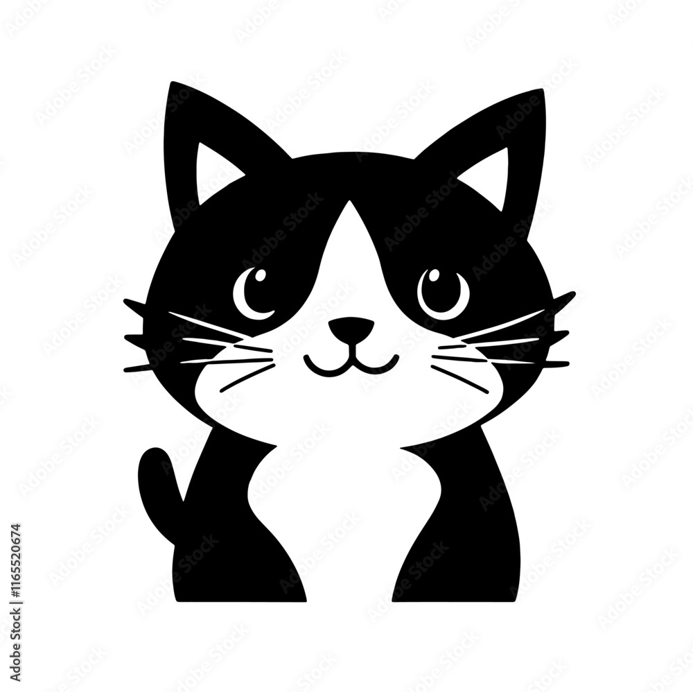 Obraz premium Cartoon Cat with Black and White Fur. Children's content, animation, pet store advertising, fun branding, cartoon character for merchandise, social media icons.