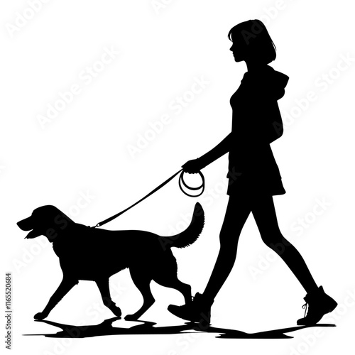 Silhouette of person walking dog on leash.Care. Companionship. Walking with pet.Pet care concept, dog walking, animal lover, pet care campaign, outdoor activity, pet walking event, companionship poste