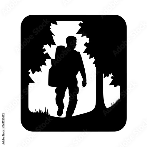 Silhouette of a person walking on a forest trail with a backpack.Adventure. Exploration. Embracing Nature.Hiking, outdoor adventure, nature exploration, wanderlust poster, travel brochure, outdoor act