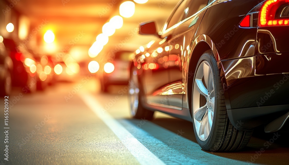 Luxury Electric Car in Modern City Parking Garage, Text-Friendly Background, Blurred bokeh effect Luxury Electric Car in Modern City Parking Garage, Text-Friendly Background, Blurred bokeh effect