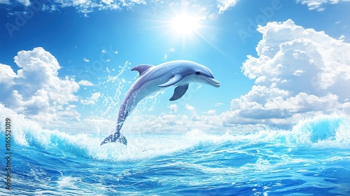 A playful dolphin leaping from the ocean's surface with water splashing around, set against a bright blue sky