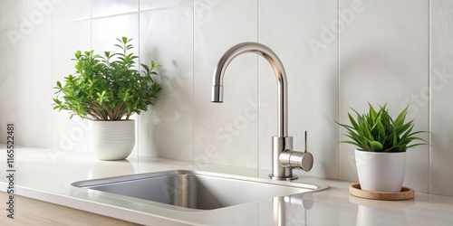A modern kitchen sink with a polished chrome faucet and two potted plants on a white countertop