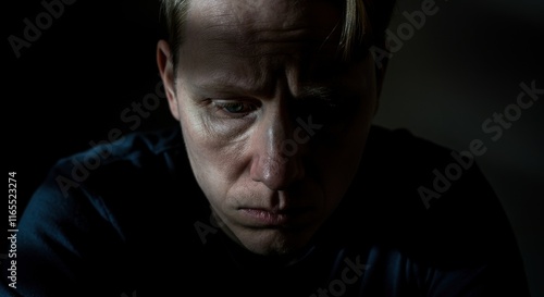 Pensive adult caucasian male in low light contemplating thoughtfully