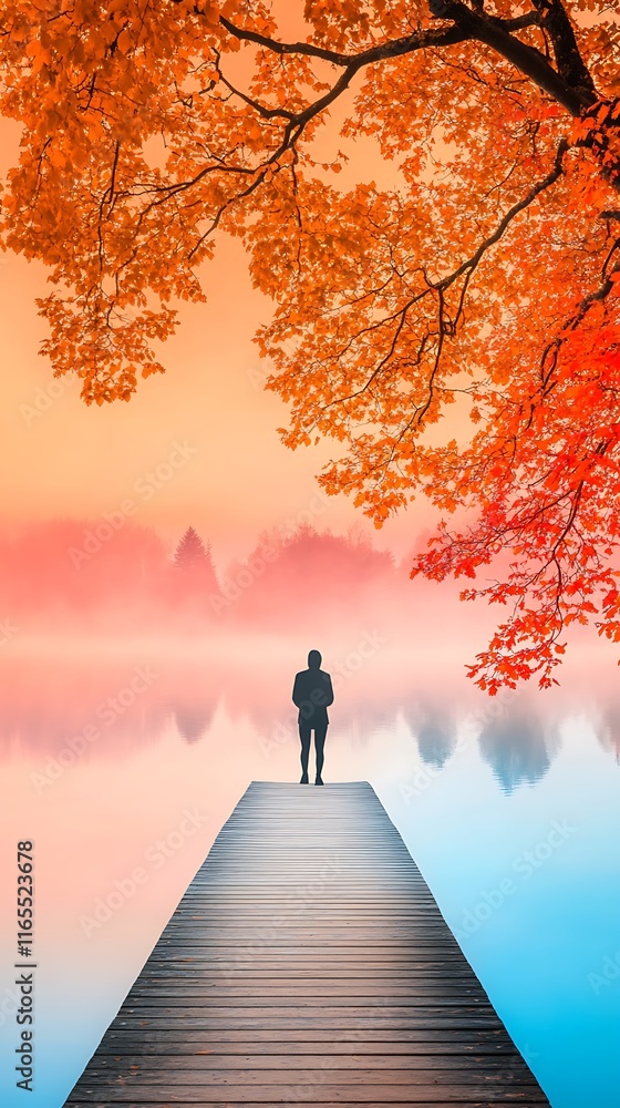 Silhouette of Emotional Storytelling, Misty Dock at Sunrise with Shadowed Figure Silhouette of Emotional Storytelling, Misty Dock at Sunrise with Shadowed Figure