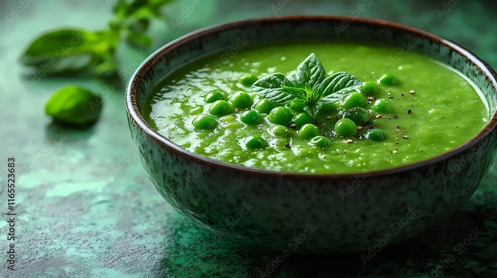 A bowl of green soup with peas and parsley A bowl of green soup with peas and parsley