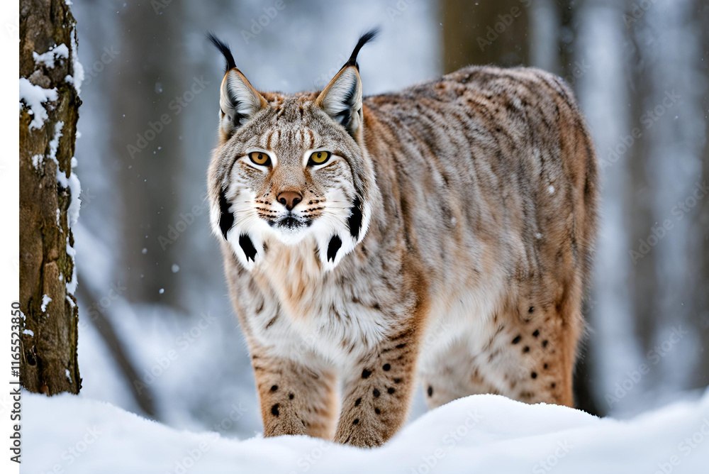 Obraz premium A lynx walking through a snowy forest in February captures the essence of winter wildlife in Europe, particularly in Slovakia. This majestic creature blends seamlessly with the serene, snow-covered la