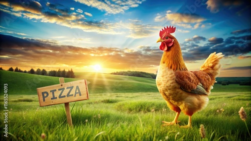 Cartoon Chicken Pizza Sign Grassy Field Fashion Photography photo