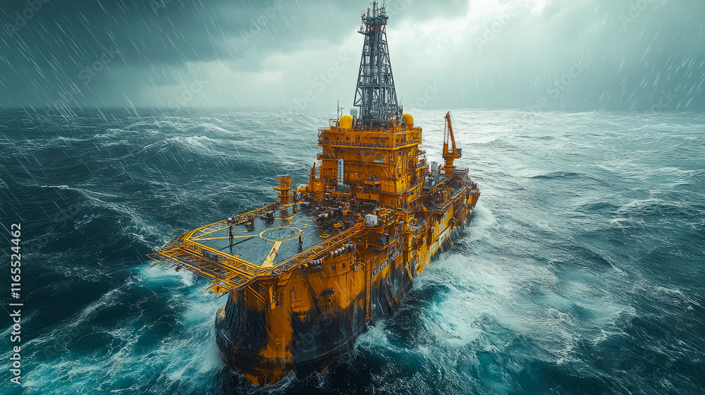 Obraz premium Offshore oil platform in stormy seas, highlighting the power of maritime industry, and industrial energy. The focus is on drilling operation and challenging work conditions.