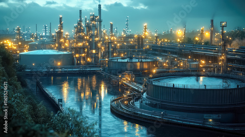 Oil storage complex, with tanks and facilities, complex system of pipelines and structures. A powerful view of industrial production, ideal for energy, engineering, and logistic themes. photo