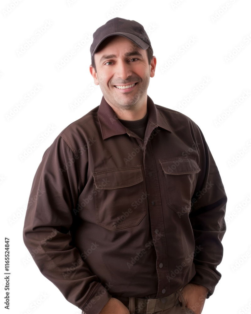 Male delivery worker in brown uniform smiling isolated on transparent background Male delivery worker in brown uniform smiling isolated on transparent background