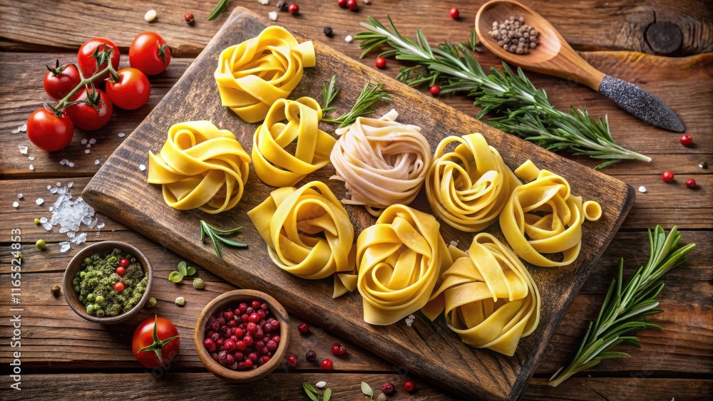 A rustic wooden board adorned with nests of golden pasta, surrounded by sprigs of rosemary, plump red tomatoes, and a sprinkle of pink peppercorns. A rustic wooden board adorned with nests of golden pasta, surrounded by sprigs of rosemary, plump red tomatoes, and a sprinkle of pink peppercorns.
