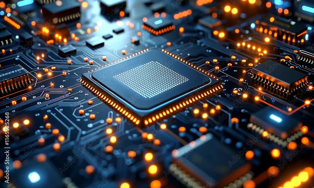 Close-up of a circuit board with illuminated components, showcasing intricate technological details. Close-up of a circuit board with illuminated components, showcasing intricate technological details.