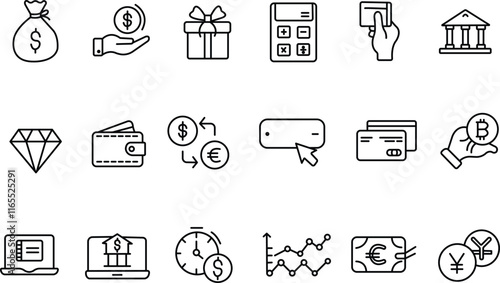 "Finance and Money Editable Stroke Outline Icons: From Currency to Cryptocurrency"