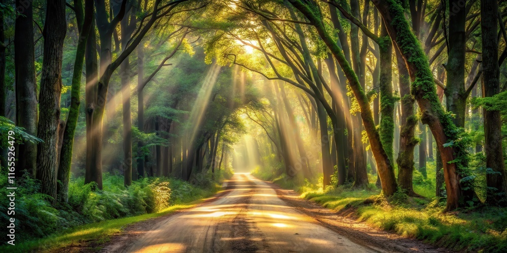 Obraz premium A Dusty Path Winds Through a Forest Bathed in Golden Sunlight, Creating an Enchanting Passageway