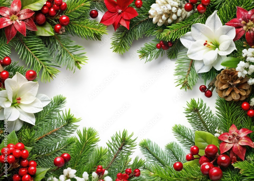 Christmas Branches Frame with Berries & Flowers - AI Photo Christmas Branches Frame with Berries & Flowers - AI Photo