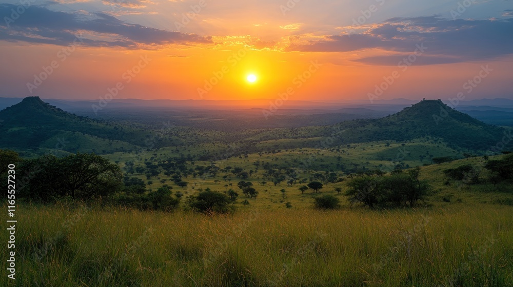 Vibrant sunset over vast African savanna, hills, and grasslands. Vibrant sunset over vast African savanna, hills, and grasslands.