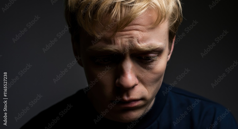 Caucasian young male with pensive expression in dim lighting Caucasian young male with pensive expression in dim lighting