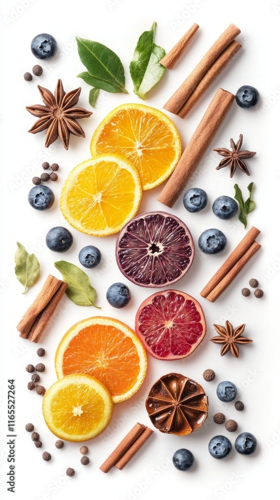 A Colorful Array of Citrus Fruits, Spices, and Berries: A Festive Food Arrangement A Colorful Array of Citrus Fruits, Spices, and Berries: A Festive Food Arrangement