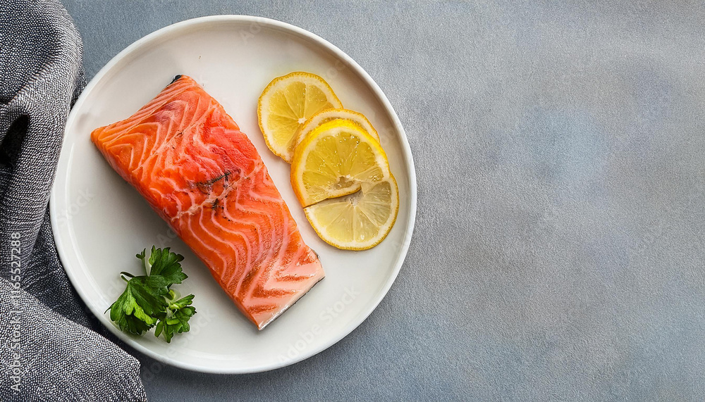 Fresh Salmon Steak with Lemon Slices, Parsley Garnish, Wooden Board, Generated image Fresh Salmon Steak with Lemon Slices, Parsley Garnish, Wooden Board, Generated image