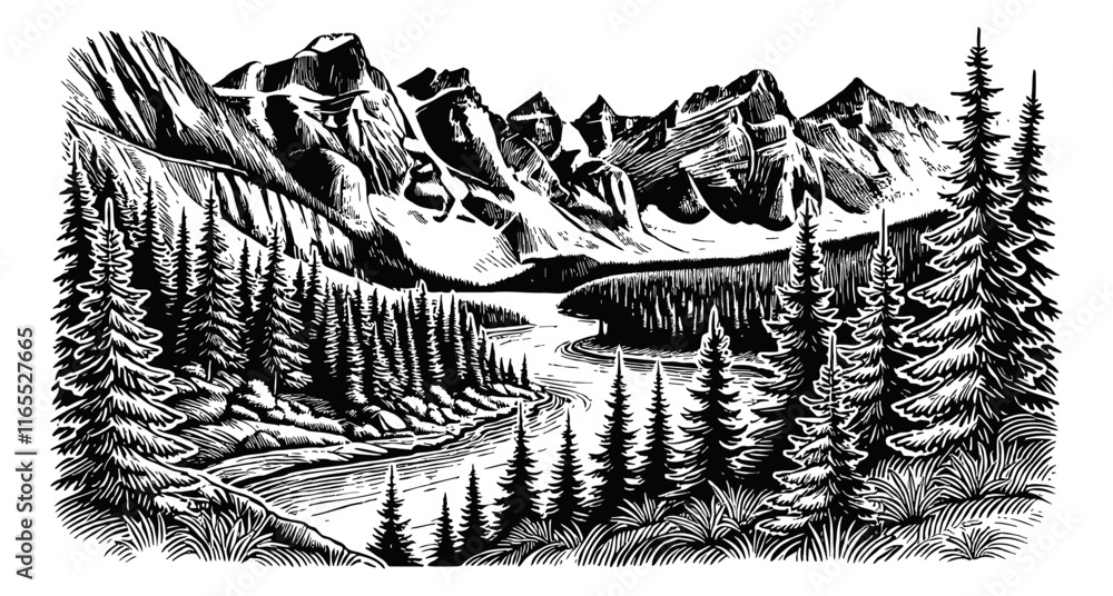 Fototapeta premium mountain river landscape engraving black and white outline