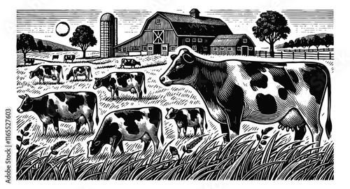 dairy cows grazing in a field landscape engraving black and white outline
