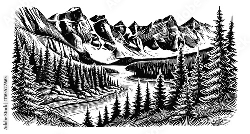 mountain river landscape engraving black and white outline