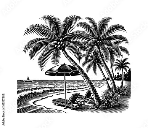 beach landscape chair umbrella palm tree engraving black and white outline