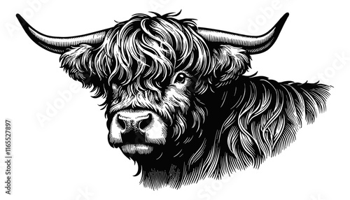 Highland cow engraving black and white outline