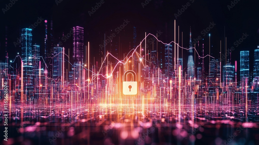 Naklejka premium A futuristic cityscape with digital security elements, featuring glowing data lines and a prominent padlock symbolizing cybersecurity.