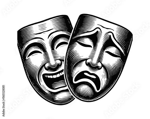 two theater mask sad and happy engraving black and white outline