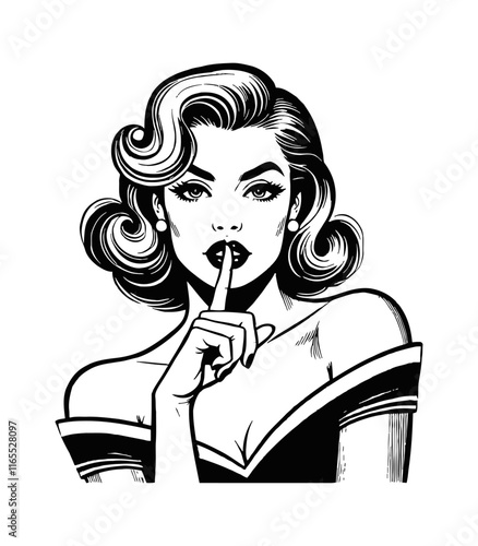 retro pinup woman making a silence gesture by placing a finger to her lips engraving black and white outline