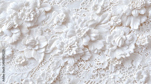 Intricate white floral bas-relief wall texture.