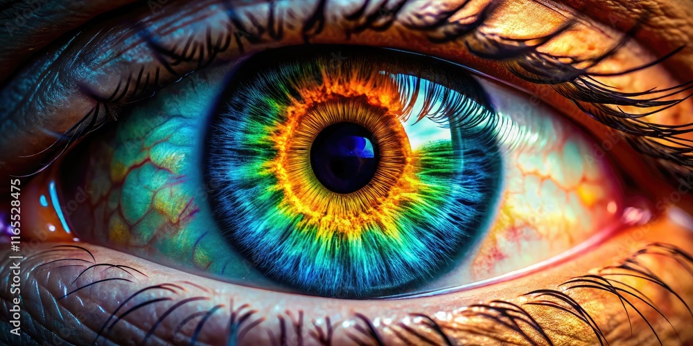 Obraz premium Close-up Eye Panoramic Photography, AI Art, Detailed Vision, Human Eye, Macro, Ophthalmology, Iris, Pupil, Retina, Depth of Field, Wide Angle, Realistic, Photorealistic, 8K, Eye Anatomy, Close Up, Zoo