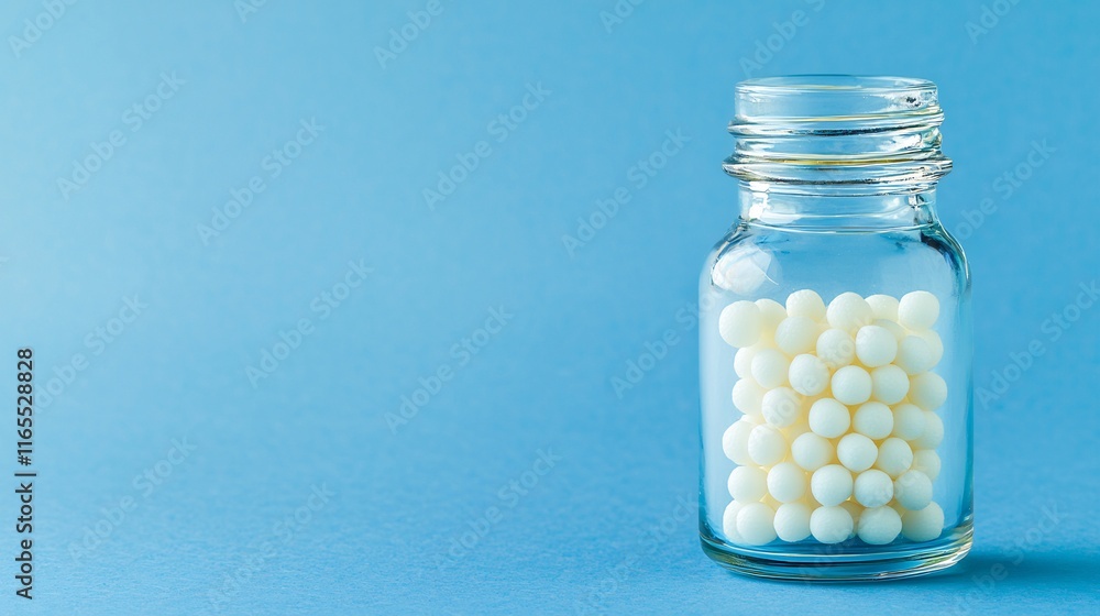Homeopathic Remedy: Small White Pellets in a Clear Glass Bottle Homeopathic Remedy: Small White Pellets in a Clear Glass Bottle