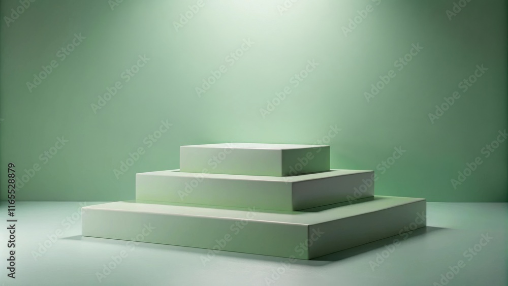 A minimalist green backdrop with a layered platform, a simple and modern presentation stage for showcasing products or ideas. A minimalist green backdrop with a layered platform, a simple and modern presentation stage for showcasing products or ideas.