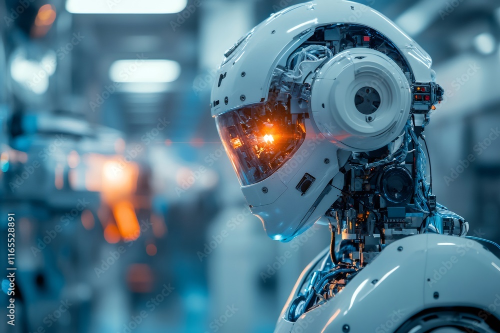 Fototapeta premium Futuristic robot analyzing data in high-tech manufacturing facility